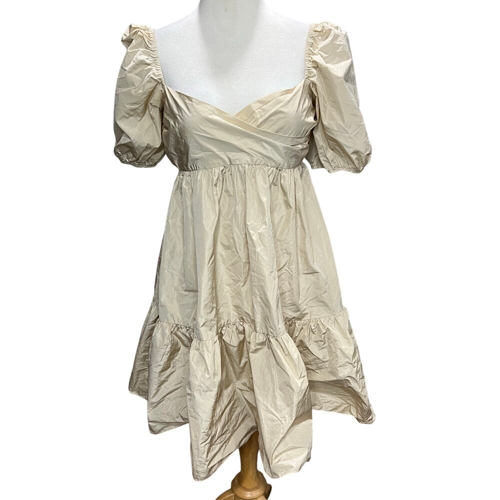 Aritzia Wilfred Opera Babydoll Dress Womens M Tan Cream Taffeta‎ Puff Sleeve